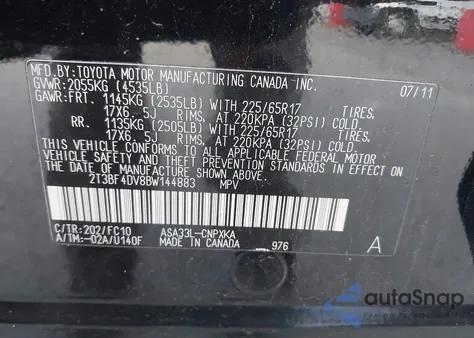 2011 Toyota Rav4 from USA, damaged, VIN 2T3BF4DV8BW144883